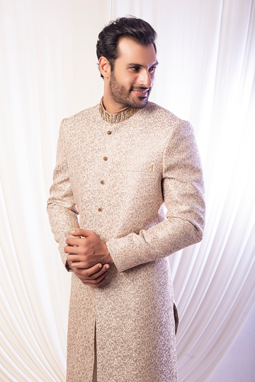 Golden Color Embroidered Sherwani For Groom/Wedding